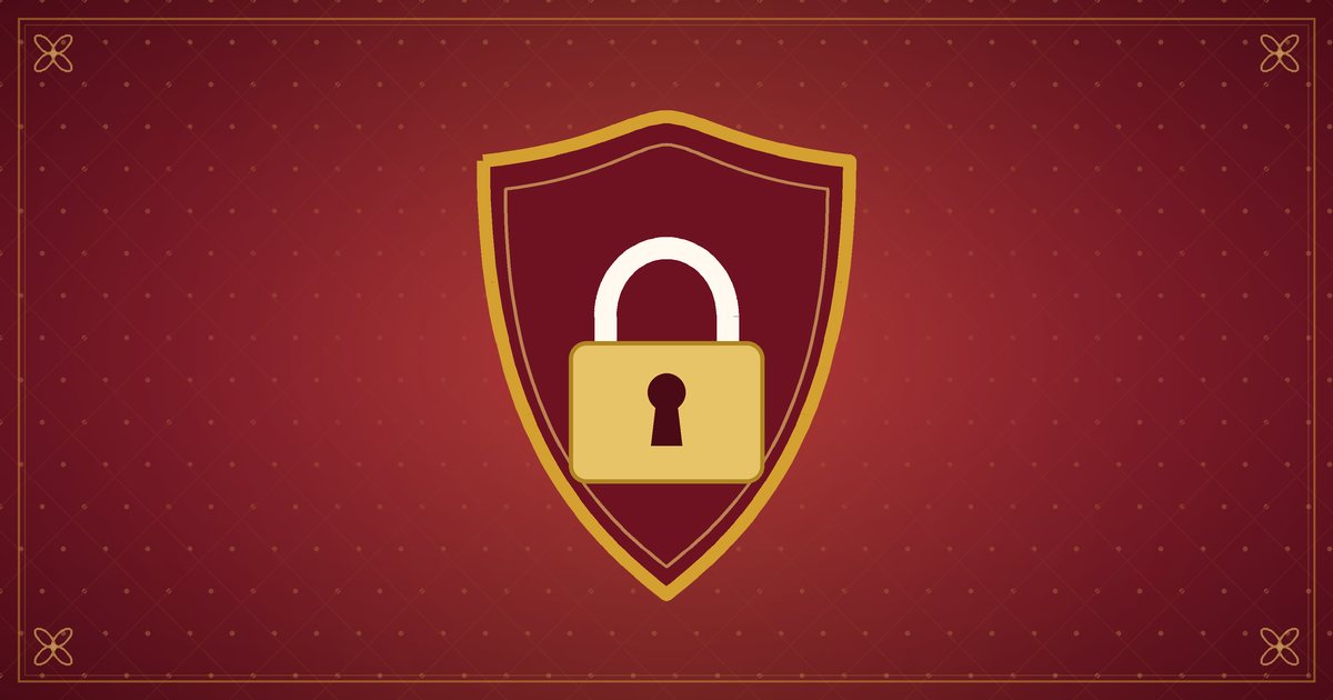 Illustration of a shield with a padlock, in red and gold